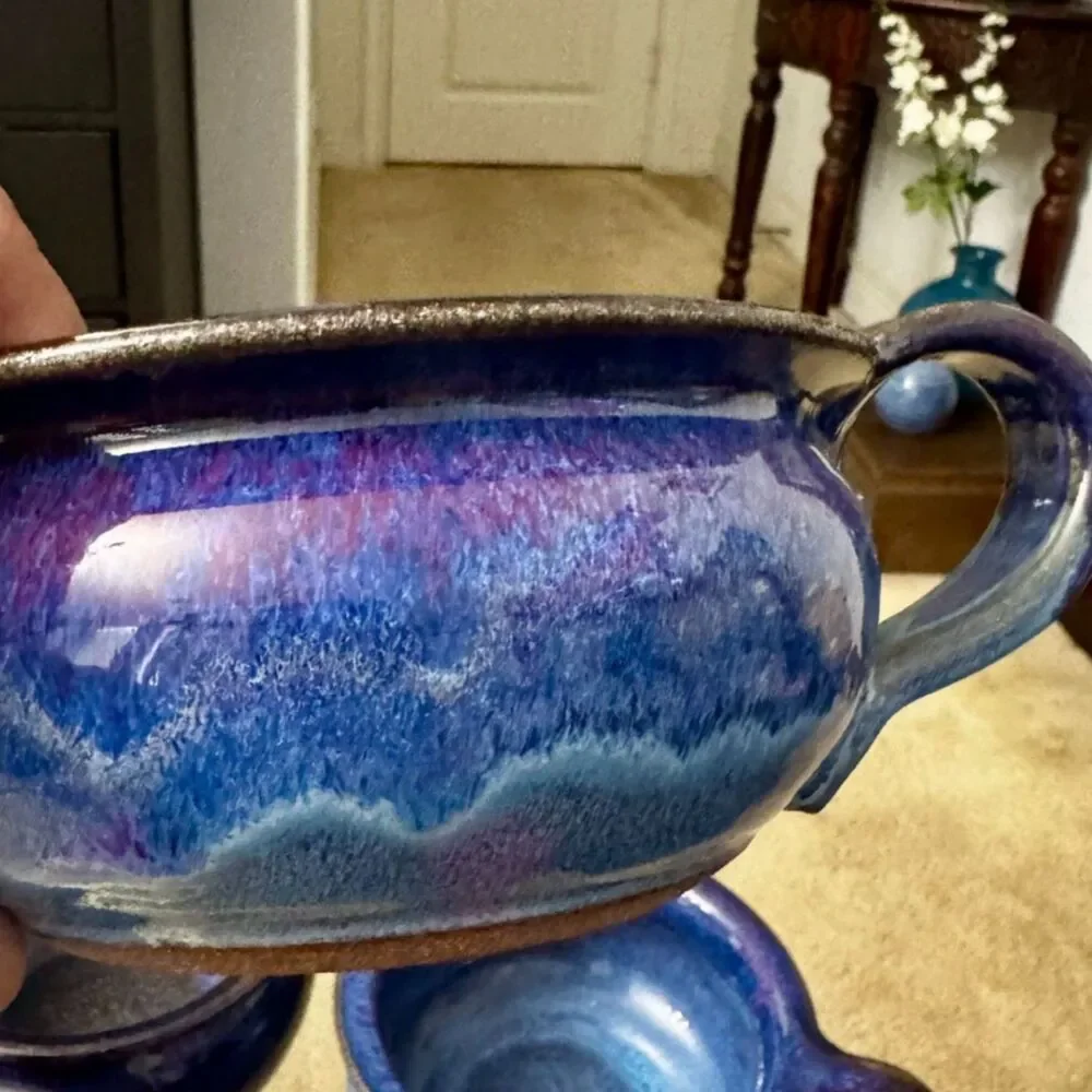 Harald Nordvold Studio Set 4 Blue Drip Glaze Handmade CA Signed Soup Chili Bowls
